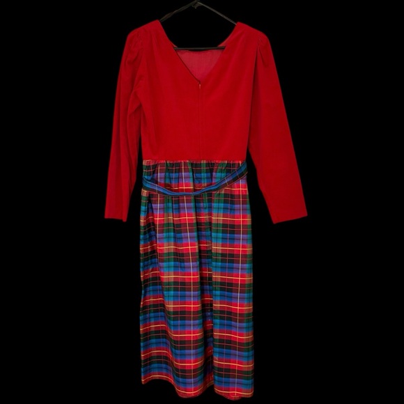 Vtg 80s Lanz Red Velvet Tartan Plaid Taffeta Holiday Formal Party Gown Dress 10 - Picture 4 of 14